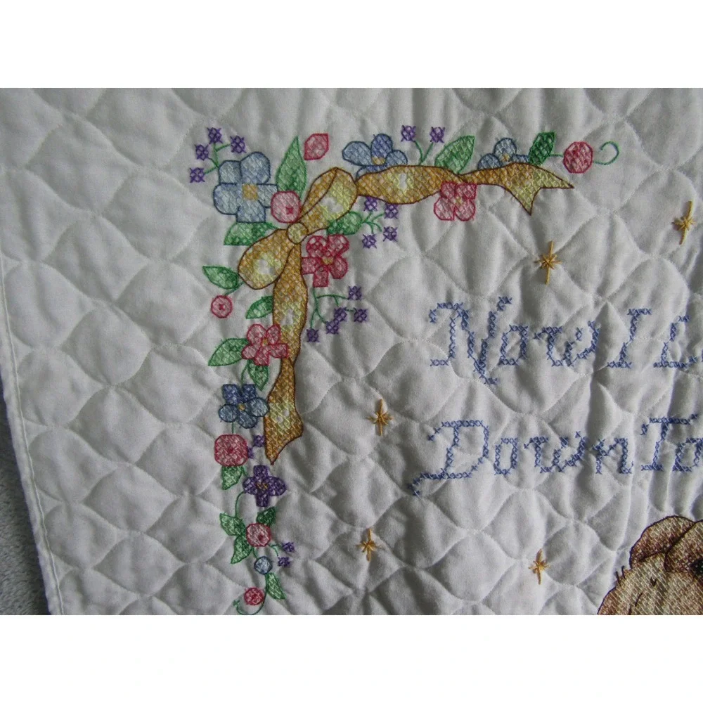 Vintage‎ Quilted Baby Blanket Now I Lay Me Down To Sleep Teddy Bear Angel White